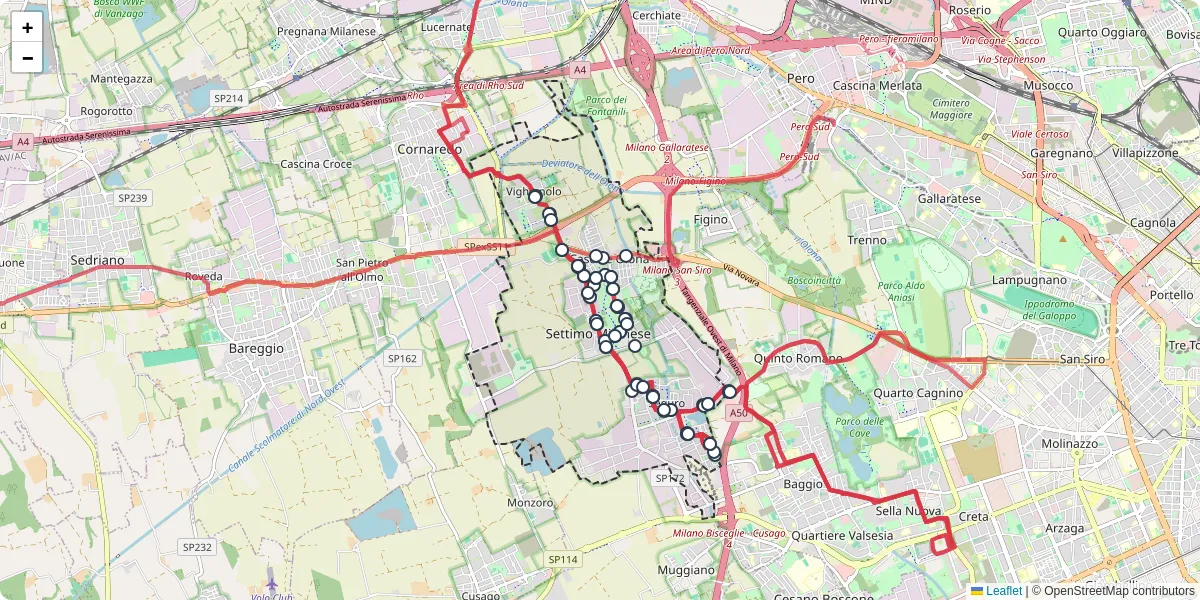 Mappa dettagliata del trasporto pubblico a Settimo Milanese con linee autobus, tram e collegamenti