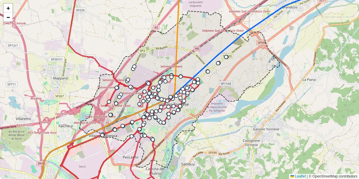 Mappa dettagliata del trasporto pubblico a Settimo Torinese con linee autobus, tram e collegamenti