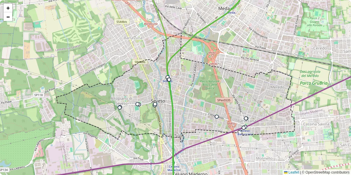 Mappa dettagliata del trasporto pubblico a Seveso con linee autobus, tram e collegamenti