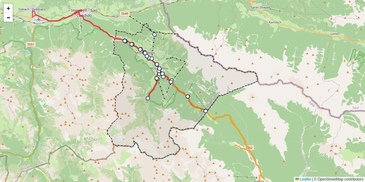 Mappa dettagliata del trasporto pubblico a Sexten - Sesto con linee autobus, tram e collegamenti