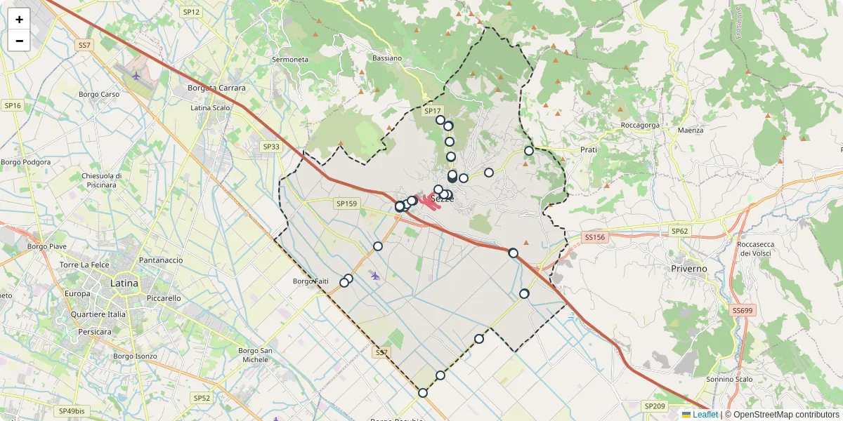 Mappa dettagliata del trasporto pubblico a Sezze con linee autobus, tram e collegamenti