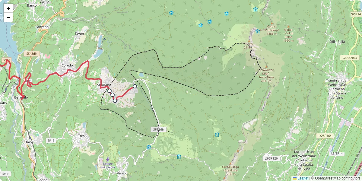 Mappa dettagliata del trasporto pubblico a Sfruz con linee autobus, tram e collegamenti