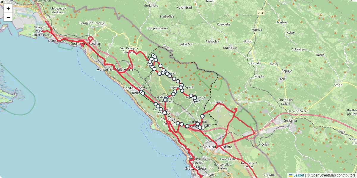 Mappa dettagliata del trasporto pubblico a Sgonico / Zgonik con linee autobus, tram e collegamenti