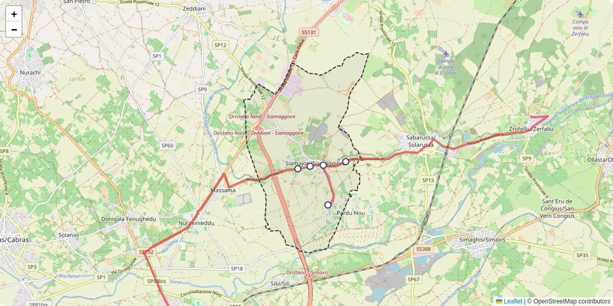 Mappa dettagliata del trasporto pubblico a Siamajori/Siamaggiore con linee autobus, tram e collegamenti