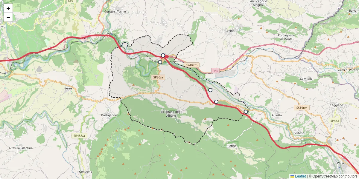 Mappa dettagliata del trasporto pubblico a Sicignano degli Alburni con linee autobus, tram e collegamenti