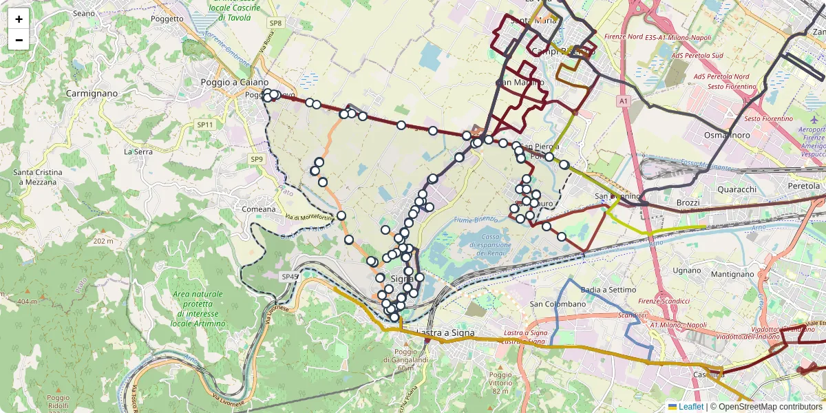 Mappa dettagliata del trasporto pubblico a Signa con linee autobus, tram e collegamenti