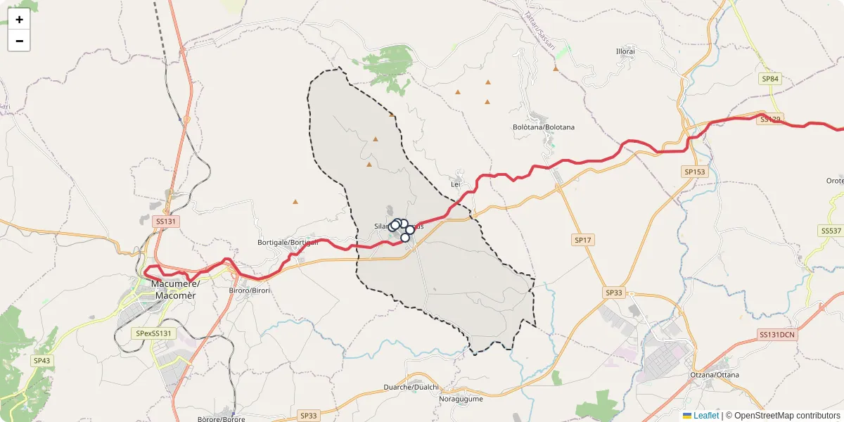 Mappa dettagliata del trasporto pubblico a Silanos/Silanus con linee autobus, tram e collegamenti