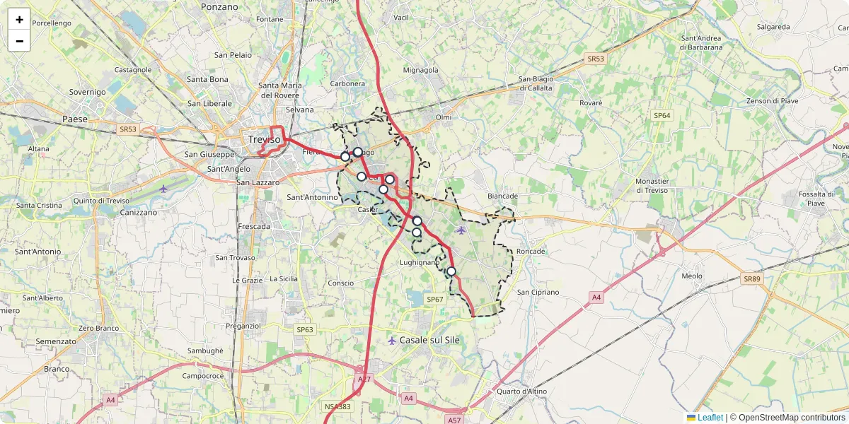Mappa dettagliata del trasporto pubblico a Silea con linee autobus, tram e collegamenti