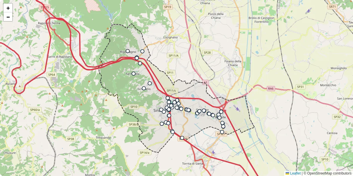 Mappa dettagliata del trasporto pubblico a Sinalunga con linee autobus, tram e collegamenti