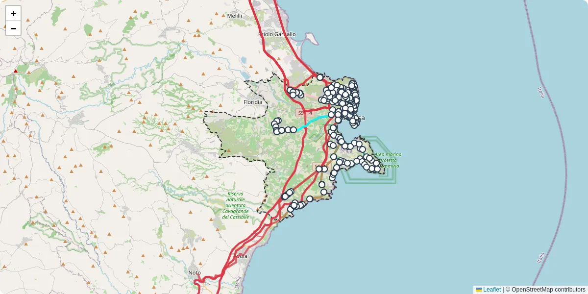 Mappa dettagliata del trasporto pubblico a Siracusa con linee autobus, tram e collegamenti