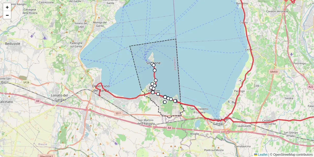 Mappa dettagliata del trasporto pubblico a Sirmione con linee autobus, tram e collegamenti