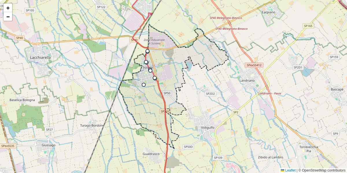 Mappa dettagliata del trasporto pubblico a Siziano con linee autobus, tram e collegamenti