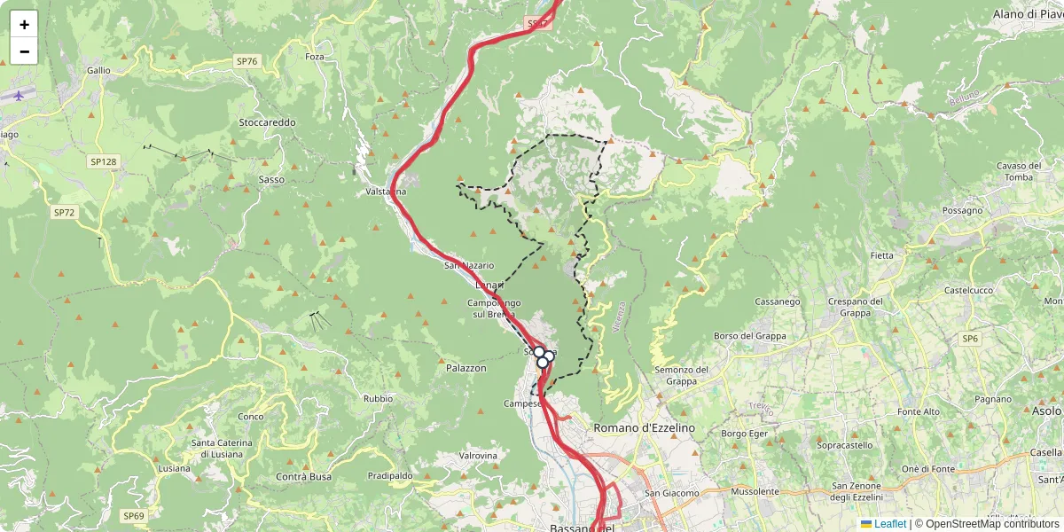 Mappa dettagliata del trasporto pubblico a Solagna con linee autobus, tram e collegamenti