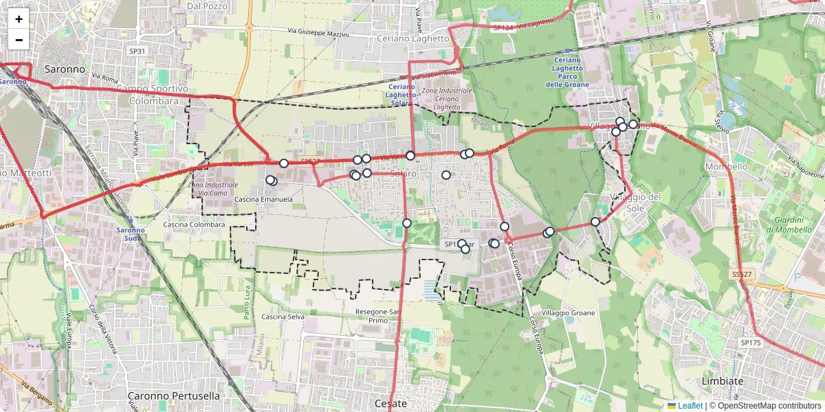 Mappa dettagliata del trasporto pubblico a Solaro con linee autobus, tram e collegamenti