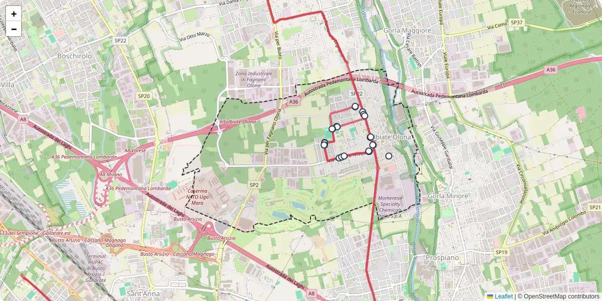 Mappa dettagliata del trasporto pubblico a Solbiate Olona con linee autobus, tram e collegamenti