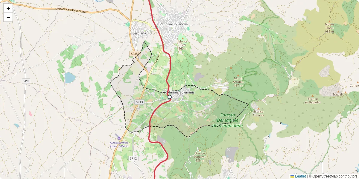 Mappa dettagliata del trasporto pubblico a Solèminis/Soleminis con linee autobus, tram e collegamenti