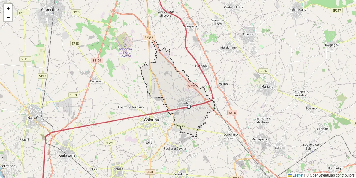 Mappa dettagliata del trasporto pubblico a Soleto con linee autobus, tram e collegamenti
