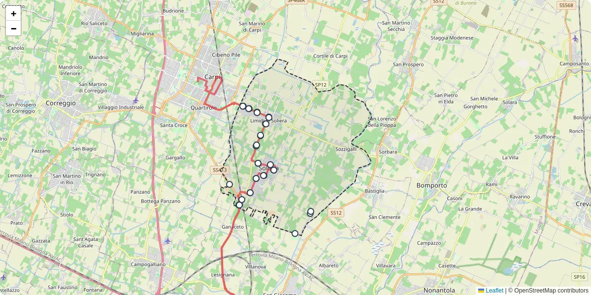 Mappa dettagliata del trasporto pubblico a Soliera con linee autobus, tram e collegamenti