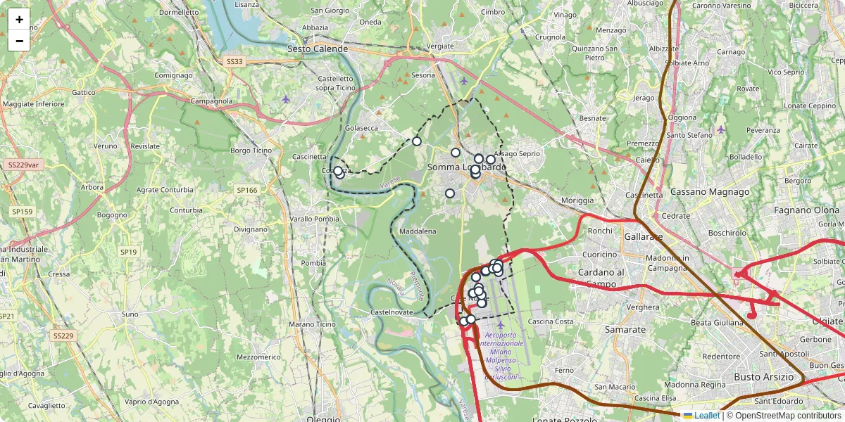 Mappa dettagliata del trasporto pubblico a Somma Lombardo con linee autobus, tram e collegamenti