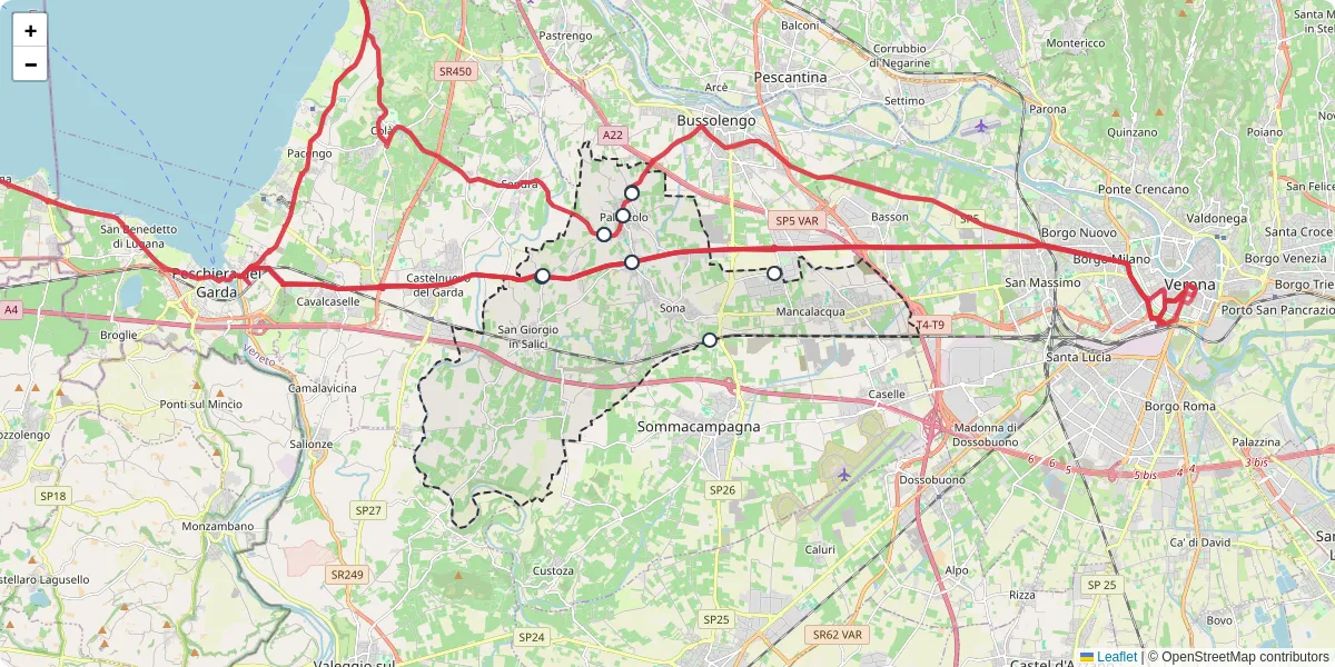 Mappa dettagliata del trasporto pubblico a Sona con linee autobus, tram e collegamenti
