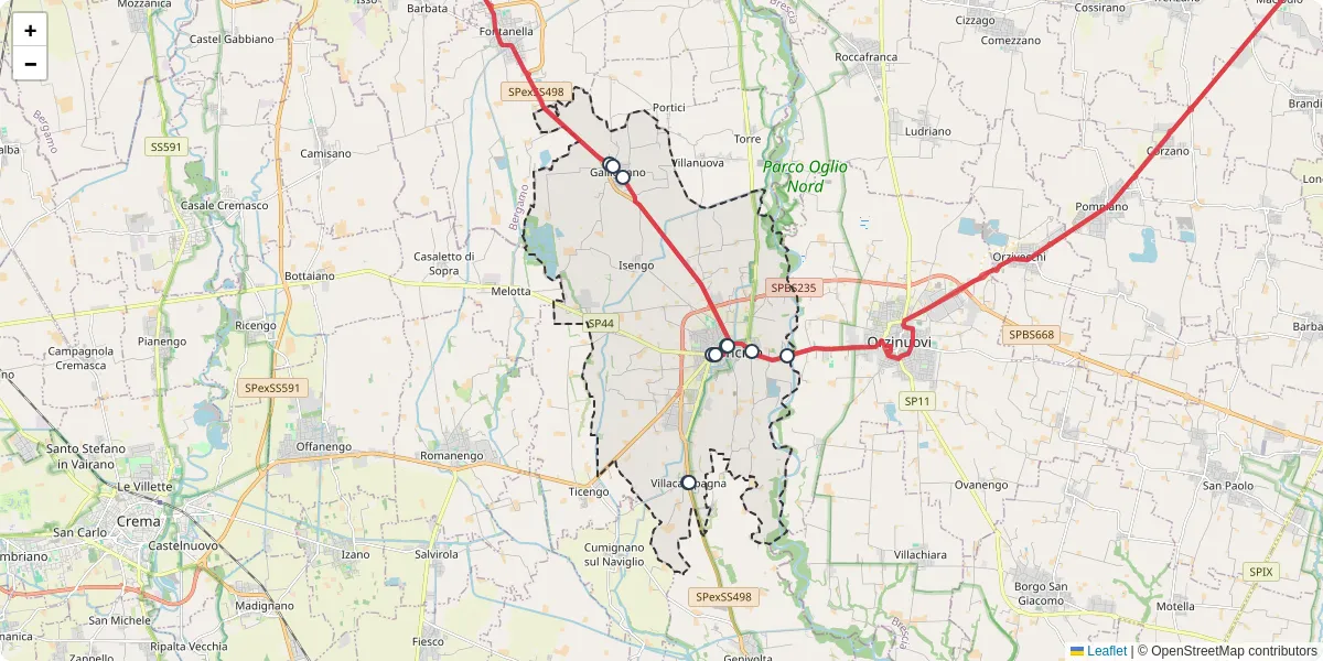 Mappa dettagliata del trasporto pubblico a Soncino con linee autobus, tram e collegamenti