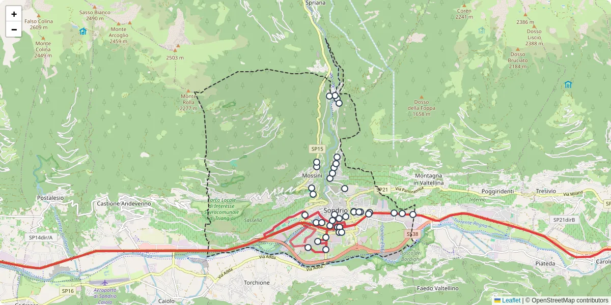 Mappa dettagliata del trasporto pubblico a Sondrio con linee autobus, tram e collegamenti