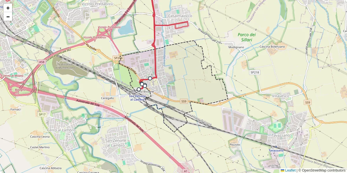 Mappa dettagliata del trasporto pubblico a Sordio con linee autobus, tram e collegamenti