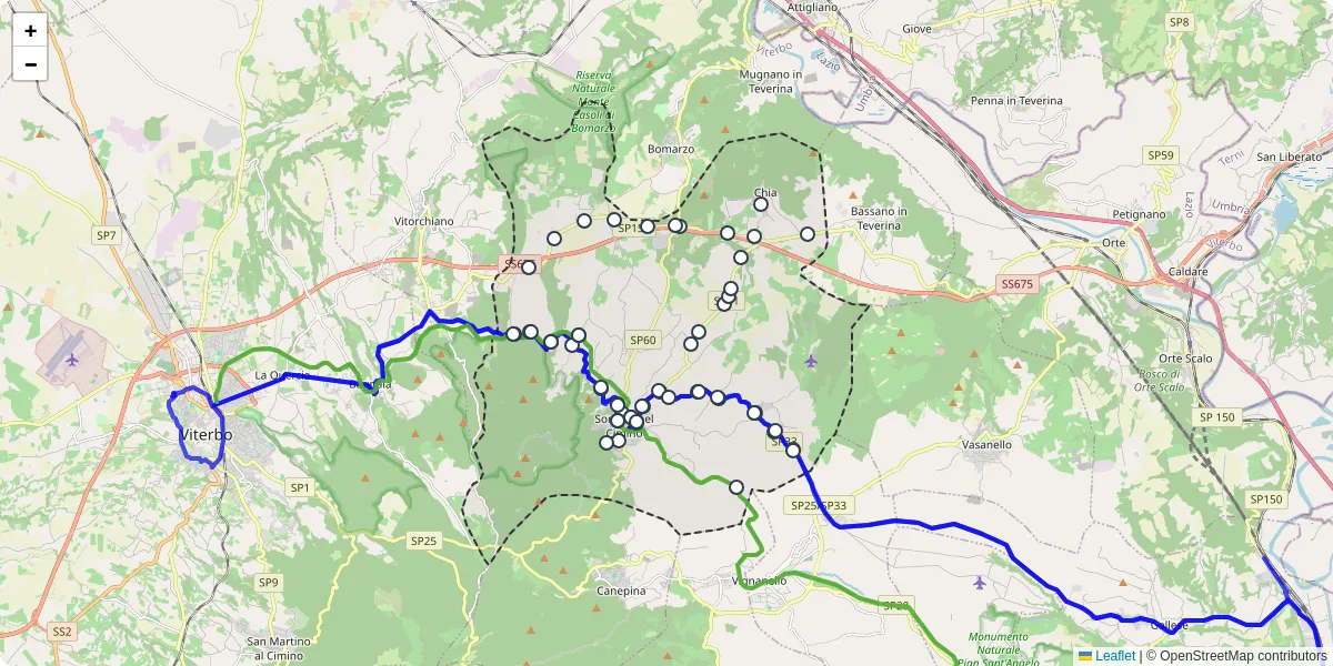 Mappa dettagliata del trasporto pubblico a Soriano nel Cimino con linee autobus, tram e collegamenti