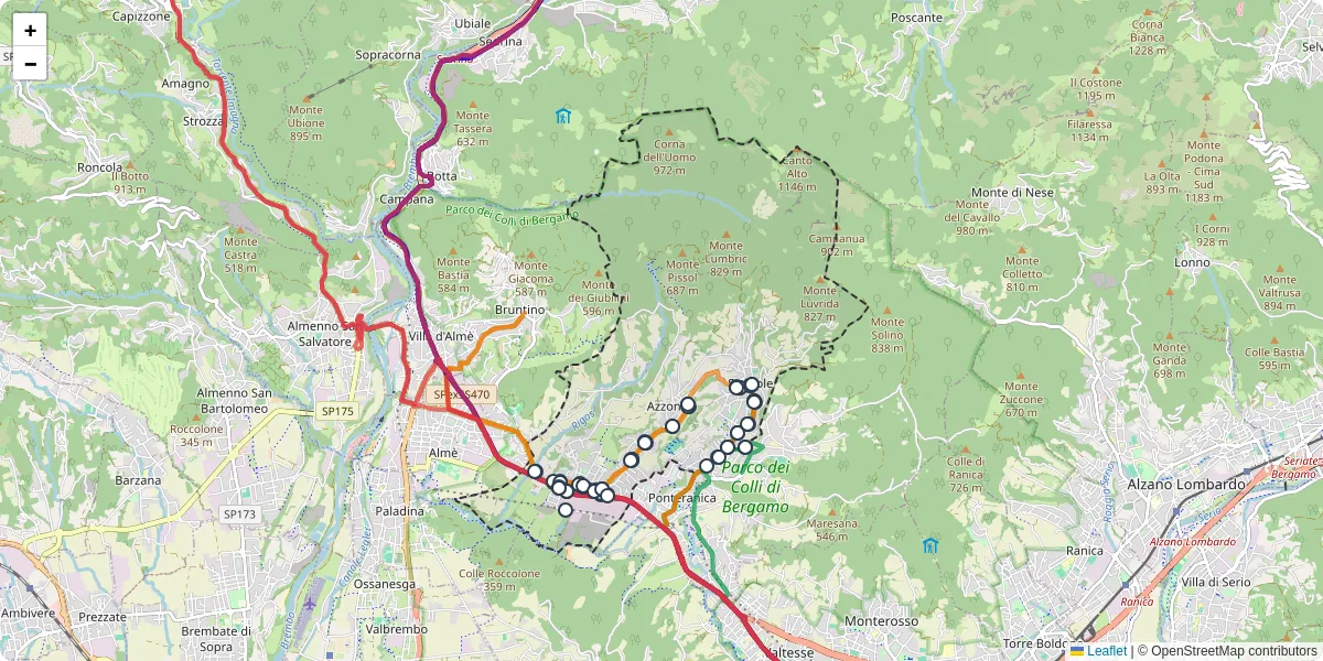 Mappa dettagliata del trasporto pubblico a Sorisole con linee autobus, tram e collegamenti