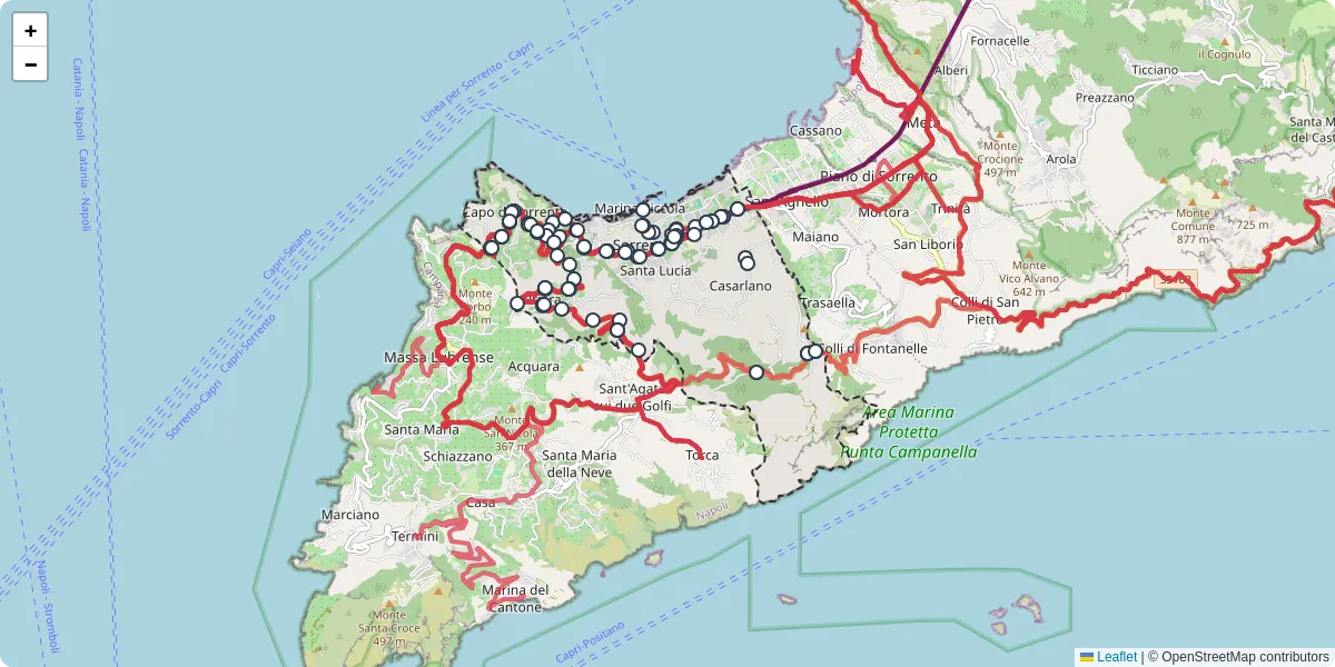 Mappa dettagliata del trasporto pubblico a Sorrento con linee autobus, tram e collegamenti