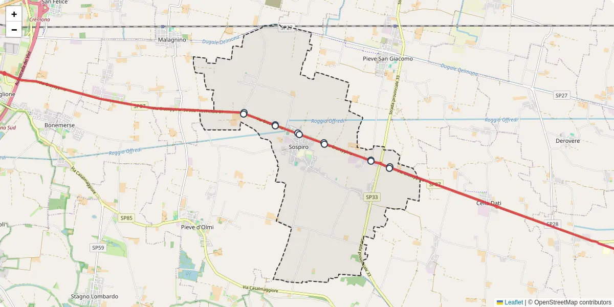 Mappa dettagliata del trasporto pubblico a Sospiro con linee autobus, tram e collegamenti