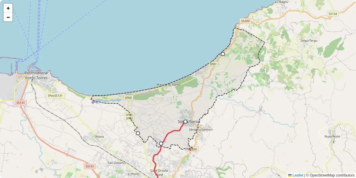 Mappa dettagliata del trasporto pubblico a Sòssu/Sorso con linee autobus, tram e collegamenti