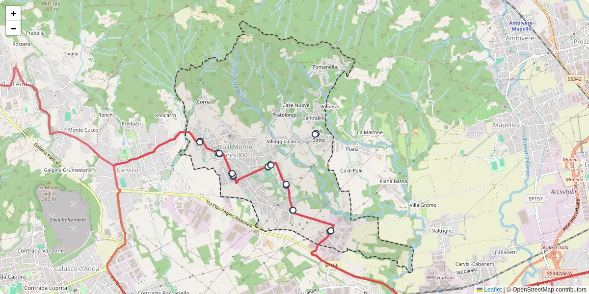 Mappa dettagliata del trasporto pubblico a Sotto il Monte Giovanni XXIII con linee autobus, tram e collegamenti