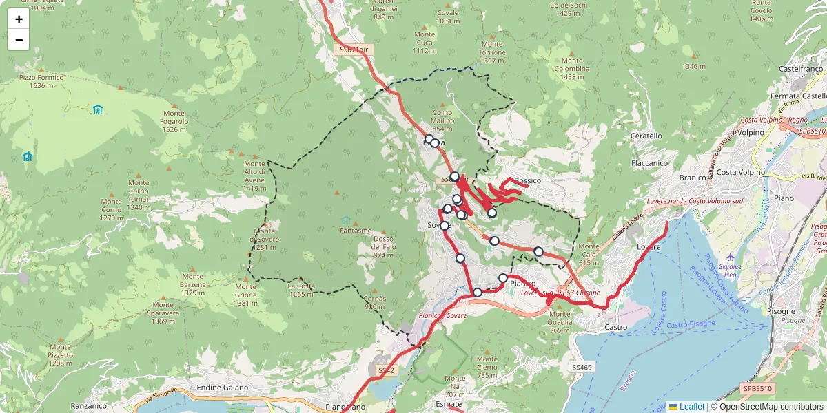 Mappa dettagliata del trasporto pubblico a Sovere con linee autobus, tram e collegamenti