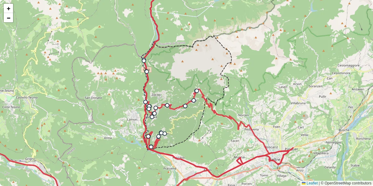 Mappa dettagliata del trasporto pubblico a Sovramonte con linee autobus, tram e collegamenti