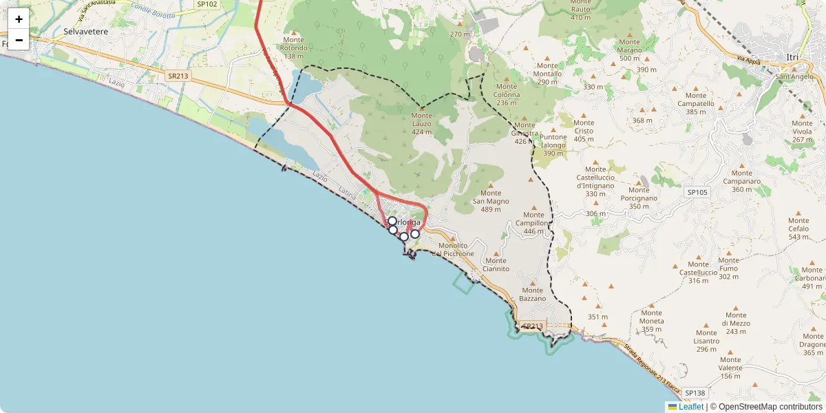 Mappa dettagliata del trasporto pubblico a Sperlonga con linee autobus, tram e collegamenti