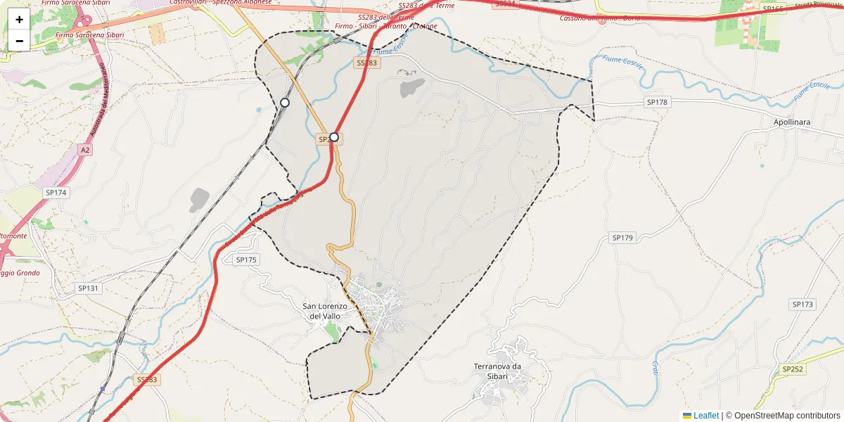 Mappa dettagliata del trasporto pubblico a Spezzano Albanese con linee autobus, tram e collegamenti
