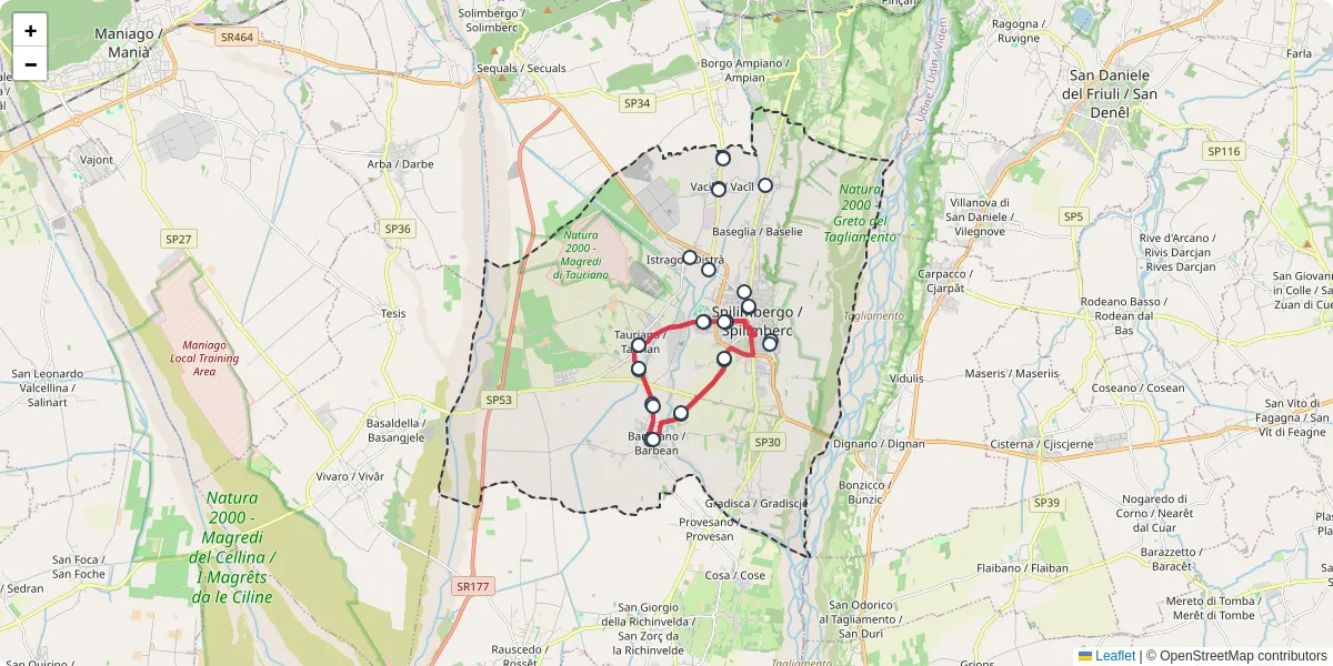 Mappa dettagliata del trasporto pubblico a Spilimbergo / Spilimberc con linee autobus, tram e collegamenti