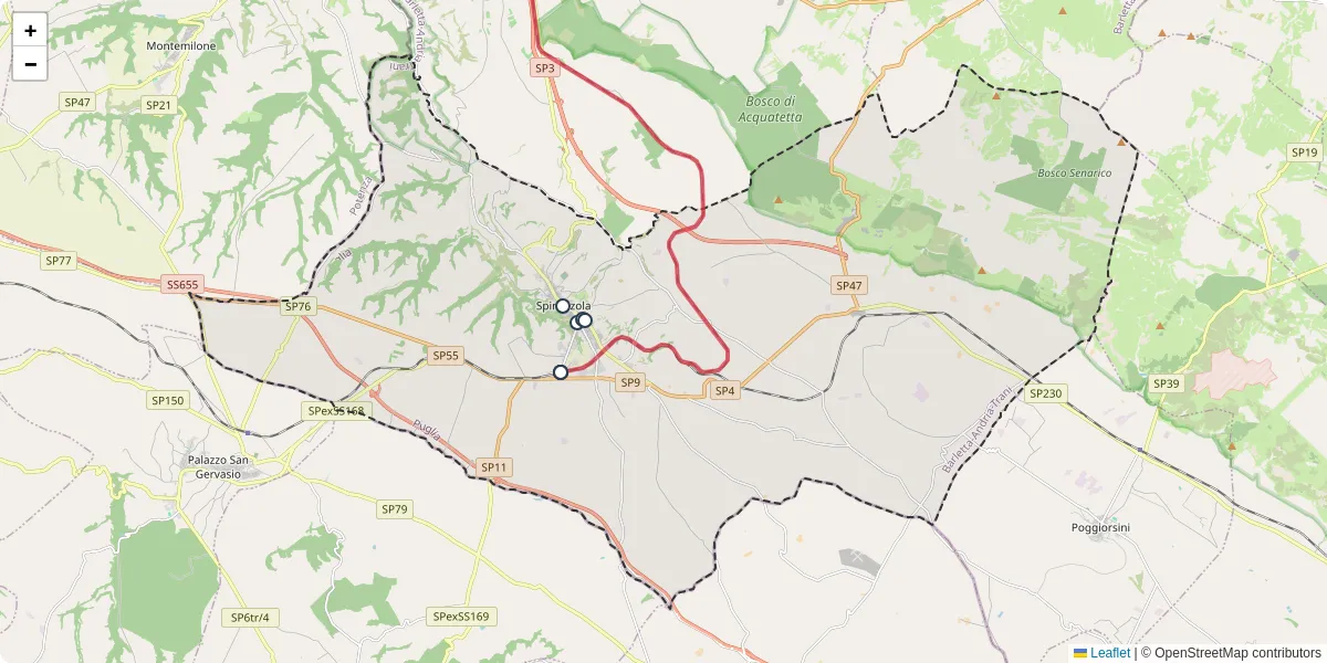 Mappa dettagliata del trasporto pubblico a Spinazzola con linee autobus, tram e collegamenti