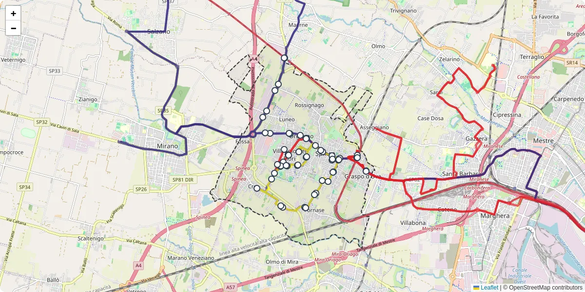 Mappa dettagliata del trasporto pubblico a Spinea con linee autobus, tram e collegamenti