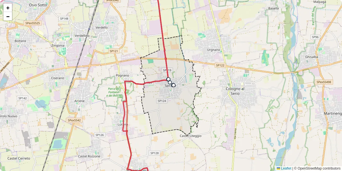 Mappa dettagliata del trasporto pubblico a Spirano con linee autobus, tram e collegamenti