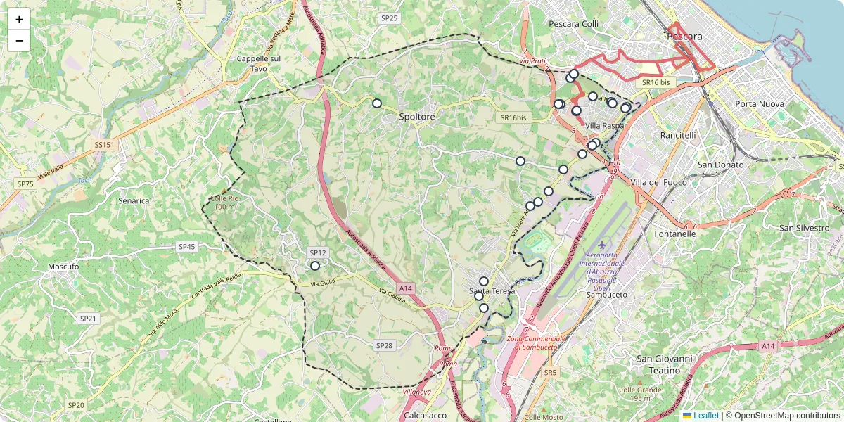Mappa dettagliata del trasporto pubblico a Spoltore con linee autobus, tram e collegamenti