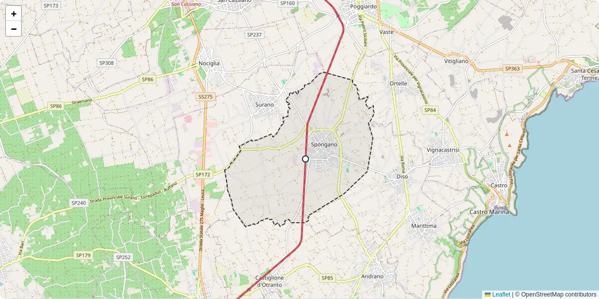 Mappa dettagliata del trasporto pubblico a Spongano con linee autobus, tram e collegamenti
