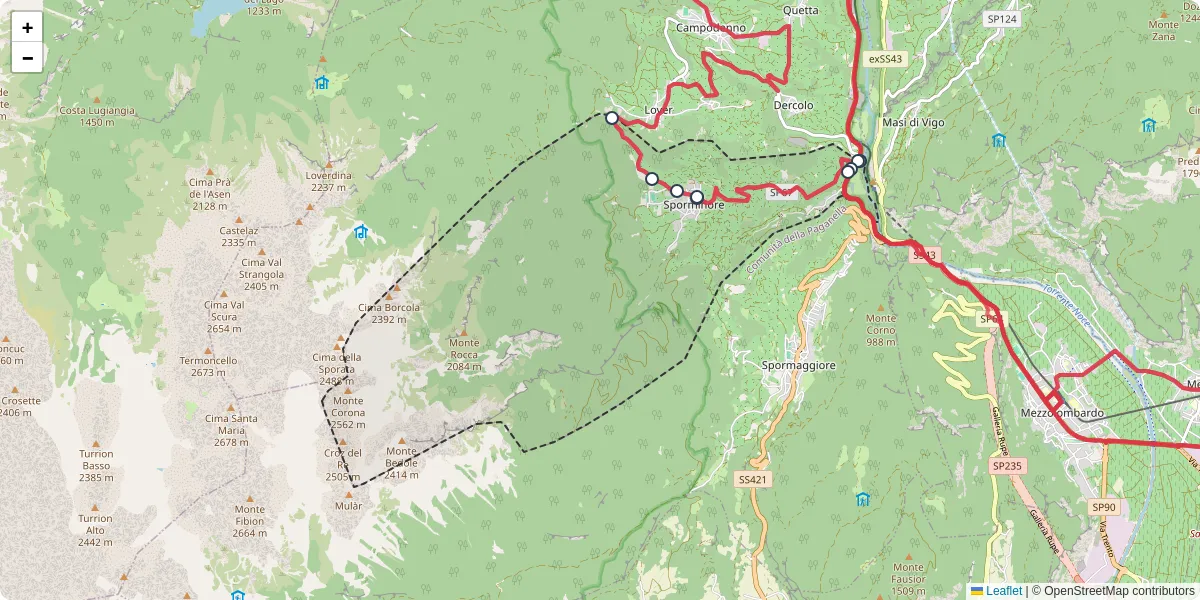 Mappa dettagliata del trasporto pubblico a Sporminore con linee autobus, tram e collegamenti