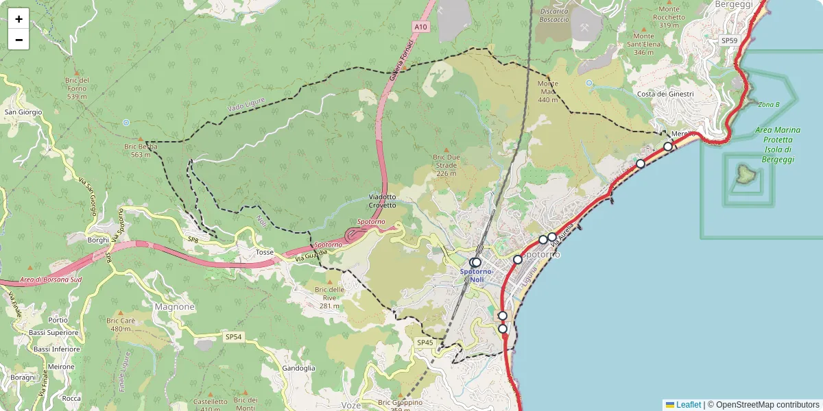 Mappa dettagliata del trasporto pubblico a Spotorno con linee autobus, tram e collegamenti