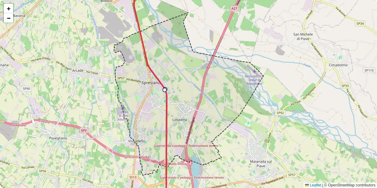 Mappa dettagliata del trasporto pubblico a Spresiano con linee autobus, tram e collegamenti