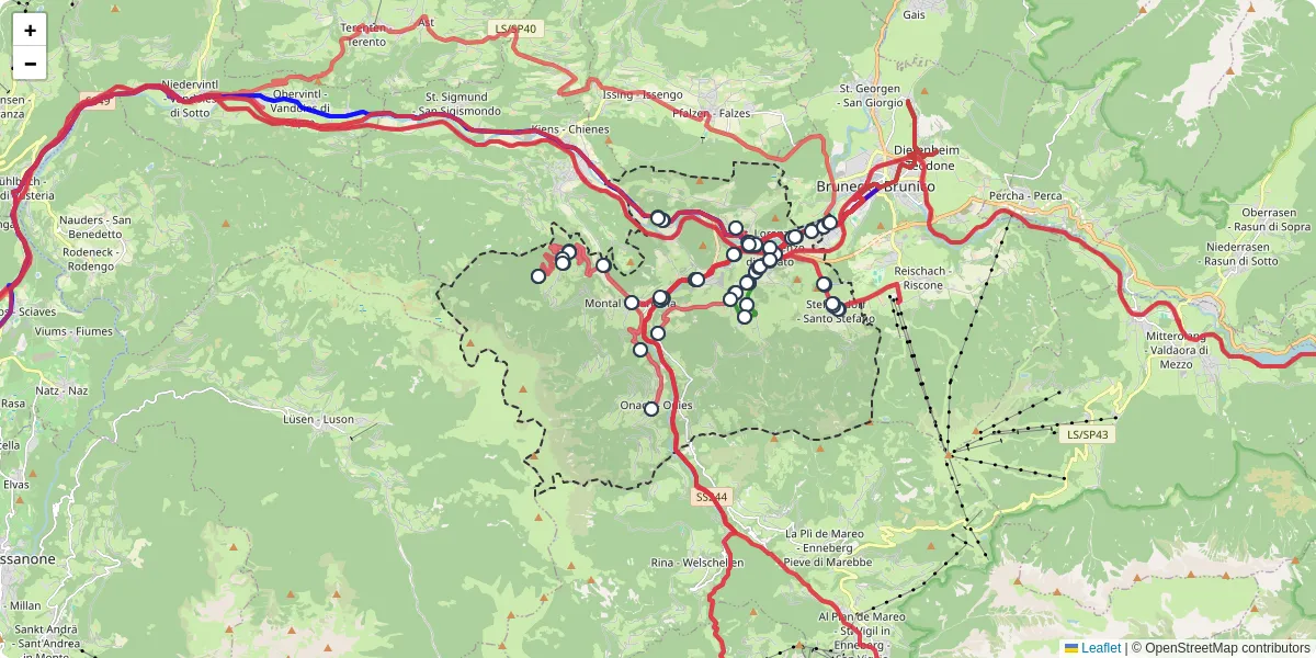 Mappa dettagliata del trasporto pubblico a St. Lorenzen - San Lorenzo di Sebato con linee autobus, tram e collegamenti