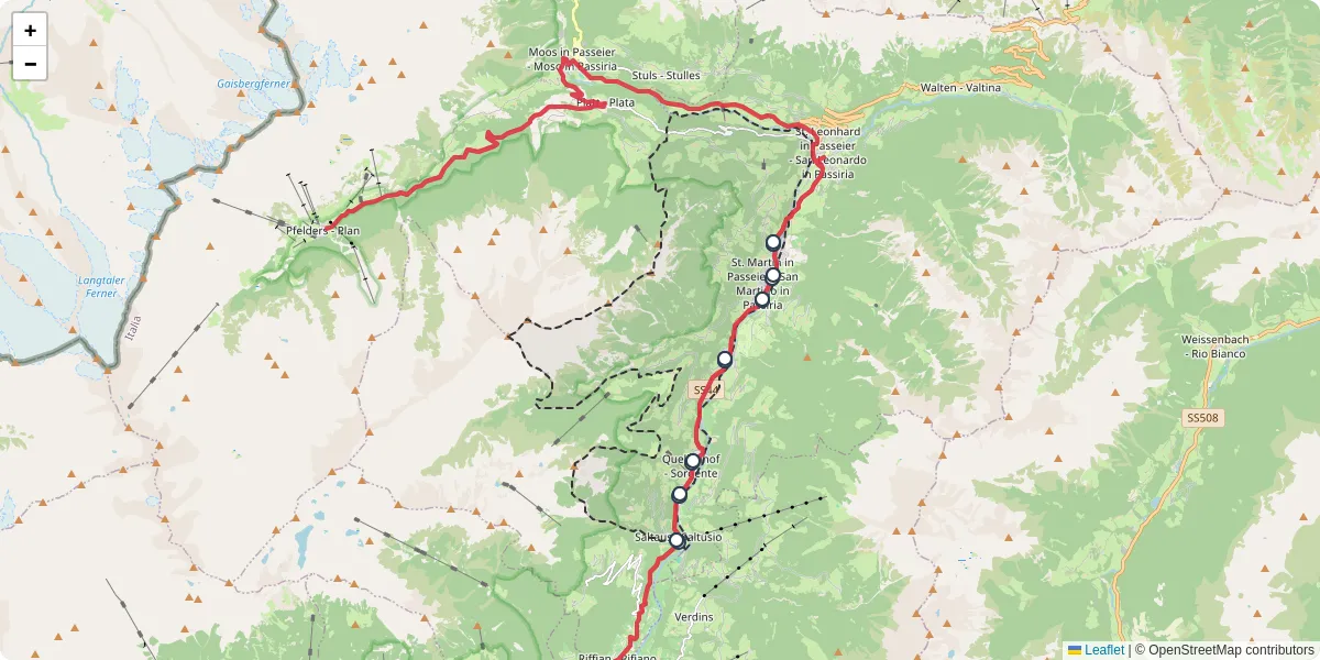 Mappa dettagliata del trasporto pubblico a St. Martin in Passeier - San Martino in Passiria con linee autobus, tram e collegamenti