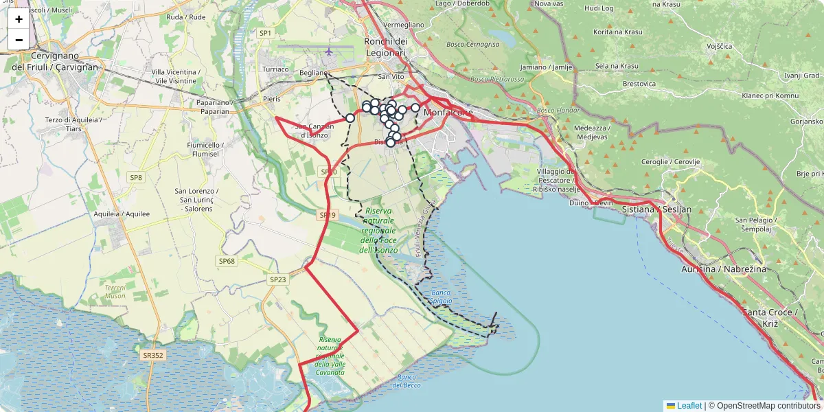 Mappa dettagliata del trasporto pubblico a Staranzano con linee autobus, tram e collegamenti
