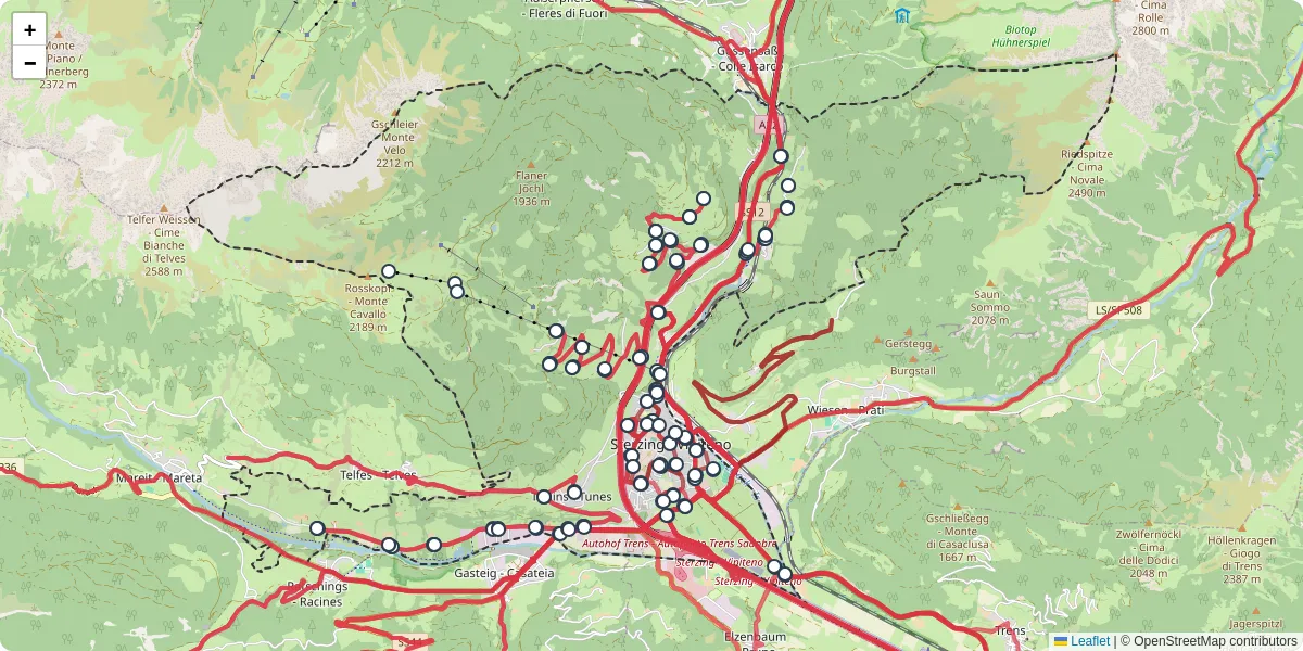 Mappa dettagliata del trasporto pubblico a Sterzing - Vipiteno con linee autobus, tram e collegamenti